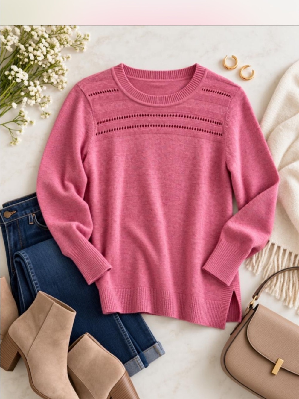 LOFT Rose Pink Eyelet Yoke Crewneck Sweater